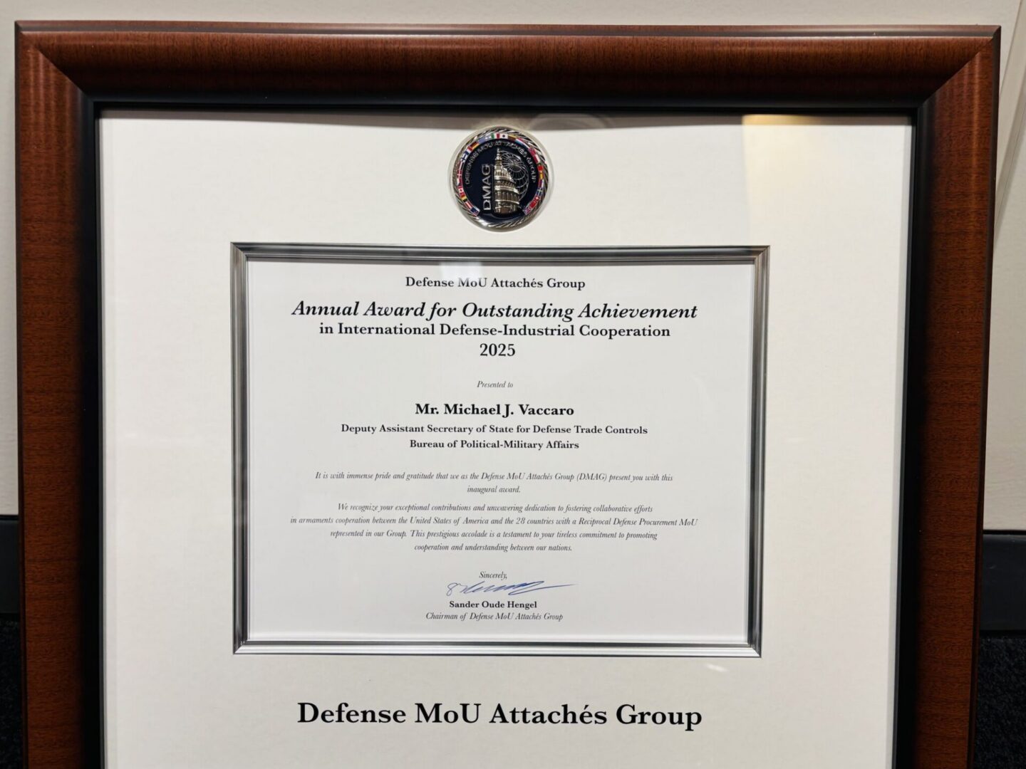Framed Defense MoU Attachés award certificate